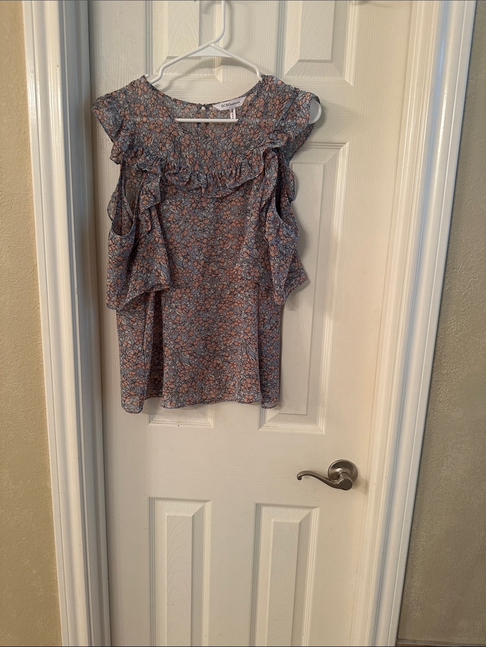 BCBGeneration Floral Ruffle Cold-Shoulder Top in Blue and Pink